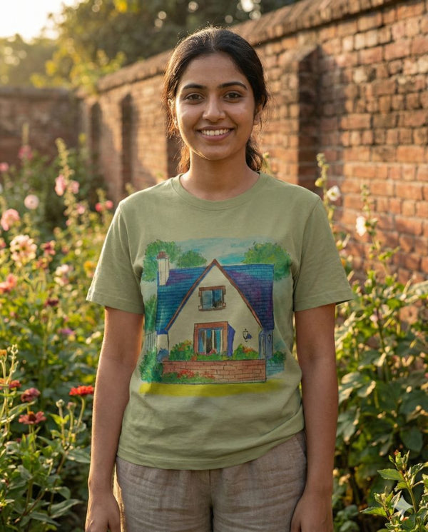 Verdant Echoes, Anjalee's Quiet Vista — tshirt crew neck (JADE · M)